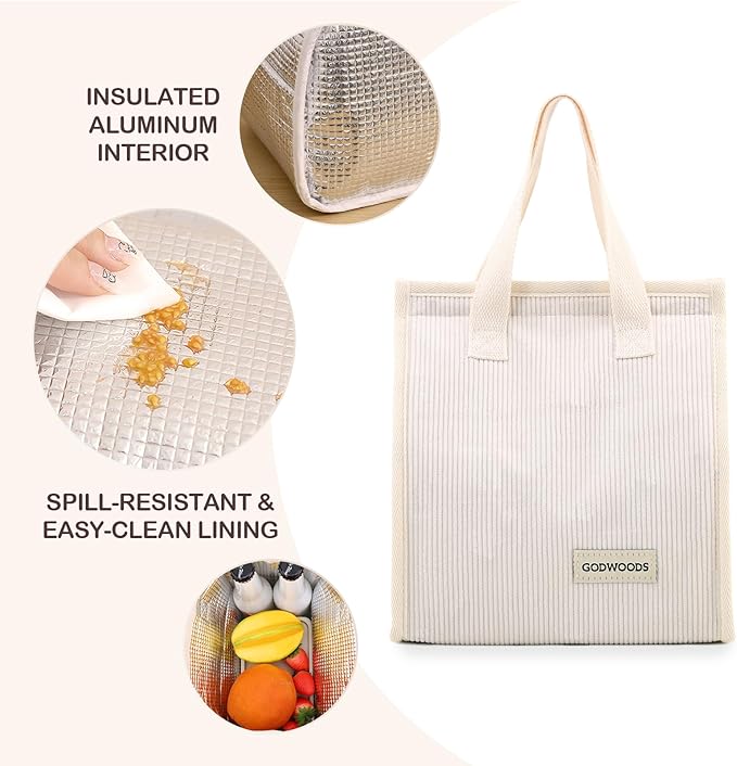 TELLUMO Corduroy Lunch Bag for Women Men Cute Lunch Bag Insulated Lunch Box with Large Capacity (7.5L) Reusable Lunchbag for Work, Picnic, Beach or Travel (S- Corduroy Beige)