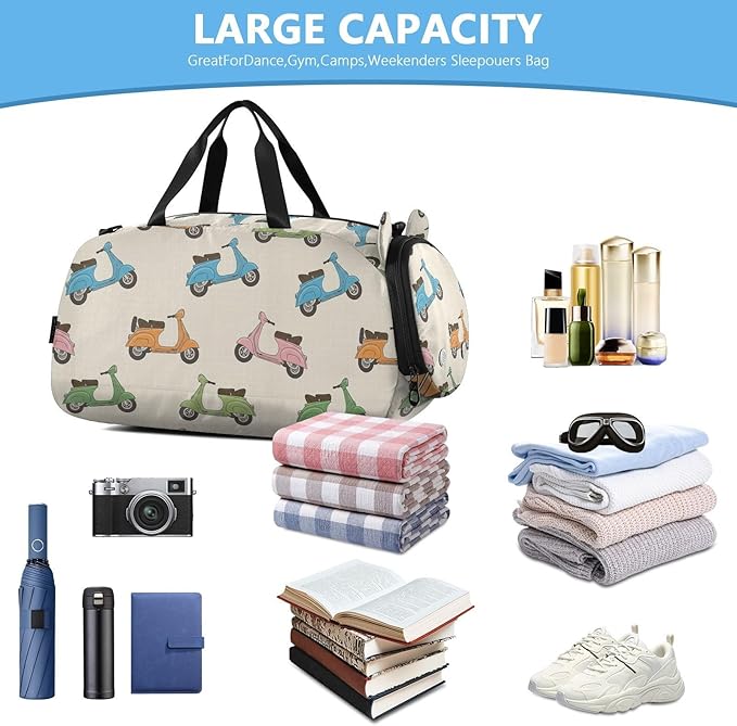 VIGTRO Colorful Scooters Beige Pattern Kids Overnight Travel Duffel Bag Sport Gym Bag for Boys Girls with Shoe Compartment, Carry On Weekender Luggage Bag for Dance Swim Yoga
