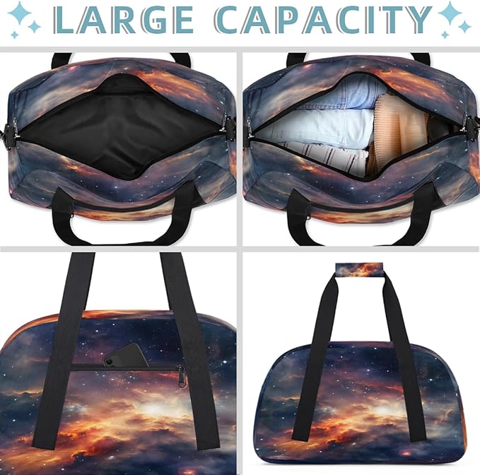 Duffle Bag for Women Men, Orange Red Nebula Gym Bag for Travel Sports, Lightweight Waterproof Weekender Overnight Bags with Adjustable Strap