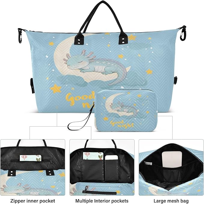 Travel Duffle Bag, Light Blue Axolotl Gym Bag with Storage Bag Weekender Overnight Bag for Men Women Trip Sports Yoga