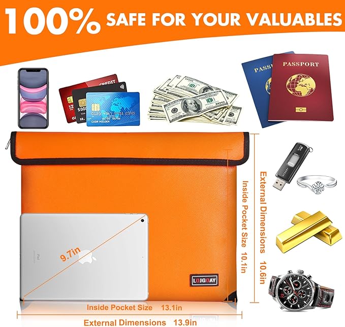 Fireproof Bag with 5200℉ Thermal Insulated, Waterproof Fireproof Box with Zipper, Fireproof Money Bag for Cash, Fireproof Safe Bags for Home Safe Bank Valuable Documents (Orange, 13.9"x10.6")
