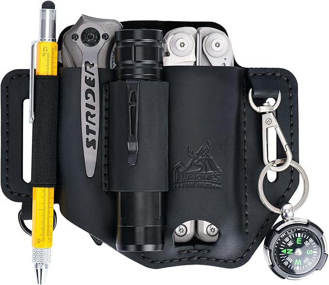 FLYHOMES Premium Full-Grain Genuine Cowhide Leather Multitool Sheath | Handmade Stitched Belt Organizer for Leatherman, Flashlight, Pen & EDC Tools | Multi-Tool Holster Pouch with Keychain Clip