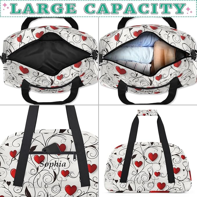 Personalized Girl Gym Bags, Custom Name Sport Bags for Training Travel Overnight Weekender，Red White Heart