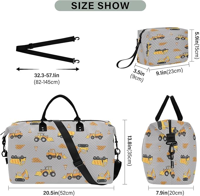 Travel Duffle Bag, Yellow Excavator Truck Gym Bag with Storage Bag Weekender Overnight Bag for Men Women Trip Sports Yoga