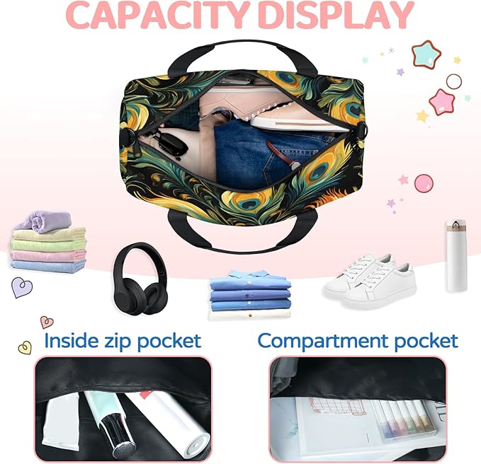Peacock Feather Travel Duffle Bag for Women Men, Overnight Weekender Bag, Carry on Tote for Sport Gym