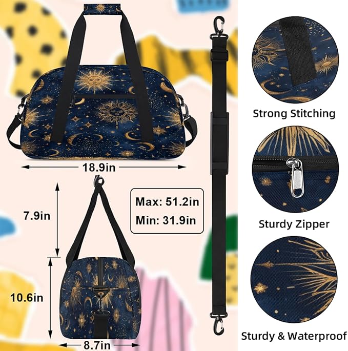 Kids Duffle Bag Girls Boys Bohemian Starry Sky Suns Moon Stars Weekender Overnight Bag,Lightweight Duffel Bags for Traveling Gym Sport Dance