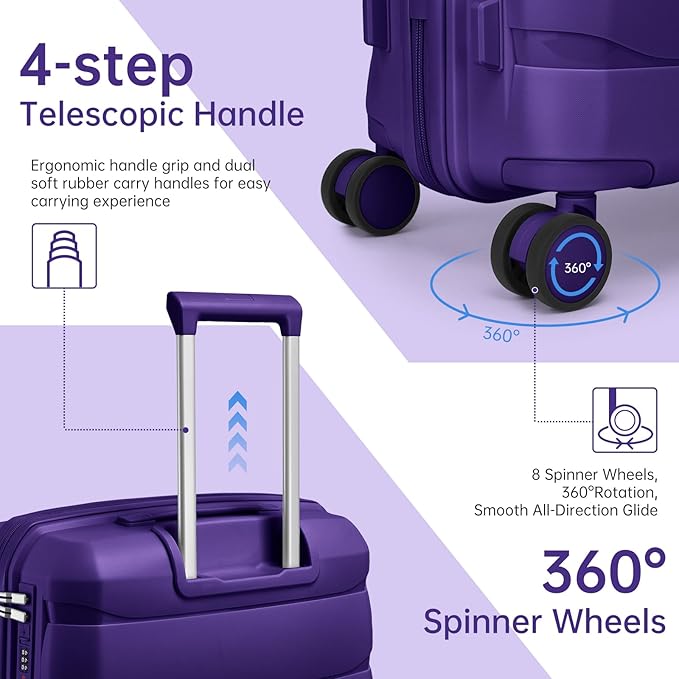 Carry On Luggage 22x14x9 Airline Approved, 22 Inch PP Hardshell Luggage Carry-on Suitcase with Spinner Wheels, Carry On Suitcase Set for Women(Purple)