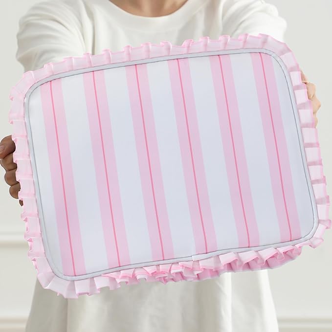 Stripe Ruffle Makeup Bag,Large Travel Cute Cosmetic Bag for Women Girls,Toiletry Bag Make up Organizer 11.8 x 4.7 x 9 inch (Pink Stripe)