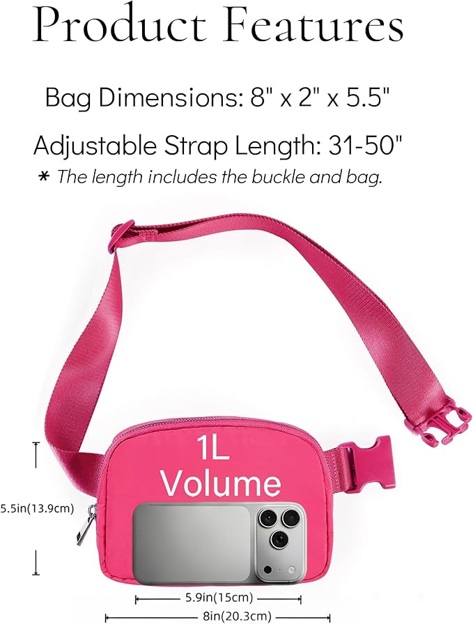 Fanny Pack Cross Body Small Crossbody Bags for Women Men Trendy Nylon Waterproof Mini Purse Travel Running Belt Bag Lulu Dupes Bum Hip Chest Waist Pack Side Bag Must Have Hot Pink