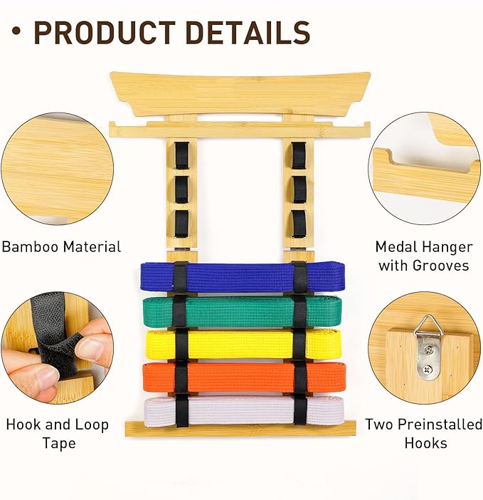 Tilhumt 8 Belt Karate Belt Display Rack with Medal Hanger and Stickers, Taekwondo Belt Display Holder, Martial Arts Belt Display Organizer for Adults, No Assembly Required (Bamboo/Acrylic)
