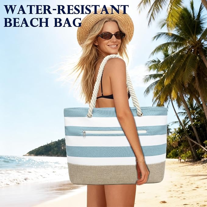 Fammart Beach Bags Waterproof Sandproof for Women, Large Canvas Pool Bag with Leakproof Wet Pocket & Zipper Cruise Essentials