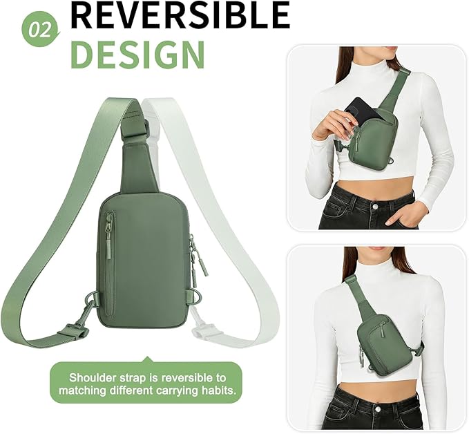 Mini Sling Bag for Men Women, Small Travel Fanny Packs Crossbody Anti Theft Reversible Nylon Chest Bag for Running Hiking (Green)