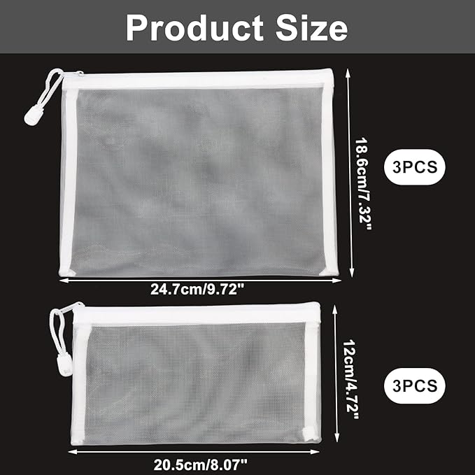 6 Pack White Nylon Mesh Cosmetic Bags, Durable Zipper Pouches for Travel, Organizers for Purse, Diaper Bag, and Toiletries(Includes 3 A5 and 3 A6 Sizes)