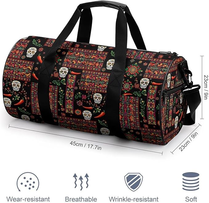 Weekender Carry on Beach Yoga Bag Sport Gym Fitness Tote Overnight Weekender Travel Bags for Men Women (Mexican Style Sugar Skull Traditional Paisley)
