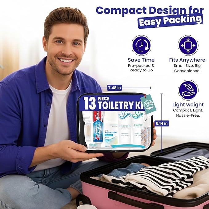 Trektote Travel Toiletry Kit For Men And Women – 13 Piece Set of Travel Size Toiletries, TSA Compliant, Travel Essentials, Includes Shampoo And Conditioner, Body Wash, Oral Care, Toiletry Bag & More