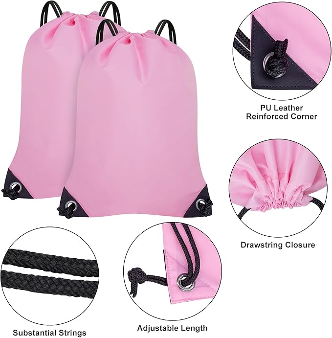 2PCS Drawstring Bags Bulk, String Backpack for Men Women, Cinch Bag Draw String Back Bag for Gym, Sports, Travel, Swimming, Beach, Pink
