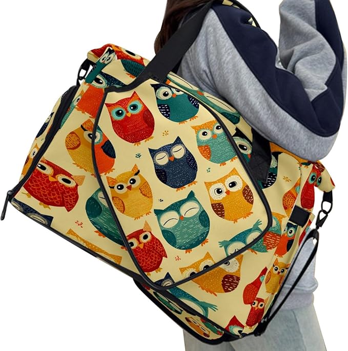 Playful Owl Yellow Gym Bag for Women & Tennis Bag, Large Sports Duffel Bag Waterproof with Ventilated Shoe Compartment & Front Racket Sleeve, Lightweight Travel Weekender Overnight Bag