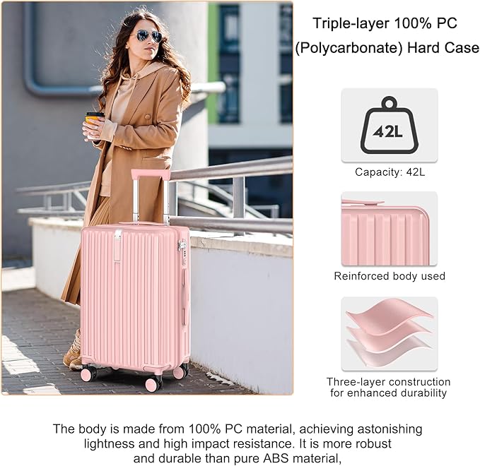 Carry On Luggage 22x14x9 Airline Approved, PC Lightweight luggage with Spinner Wheels, 20 Inch Hardside Carry-On luggage with TSA Lock Rolling suitcase for Women