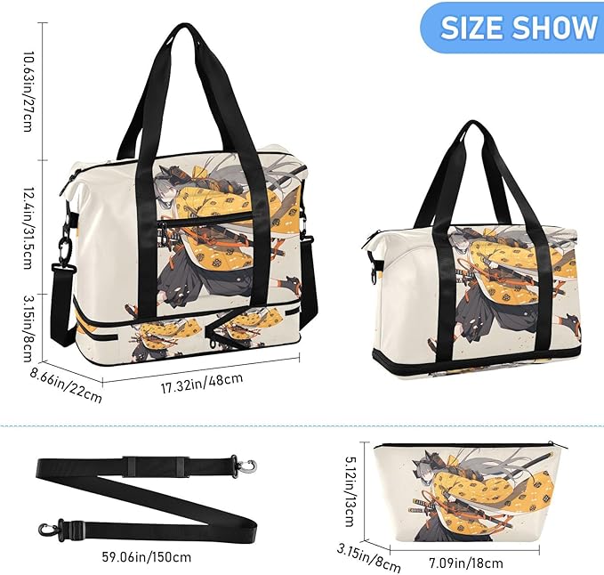 AIXIWAWA Duffel Bag Set for Gym Travel with Shoes Compartment Toiletry Bag Anime Samurai Print