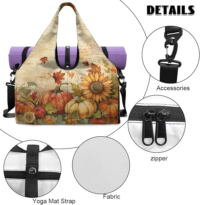 Sunflower Pumpkin Maple Leaf Mini Gym Bag for Women with Yoga Mat Holder Small Duffle Bag Weekender Hospital Workout Carry On Duffel Bags with Shoe Compartment Thanksgiving Decor