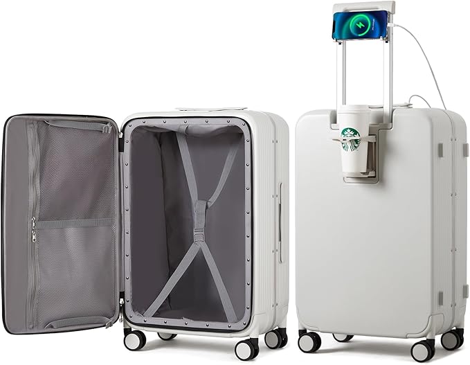 mixi Checked Luggage with Cup Phone Holder and Charger Hard Shell Suitcases with Spinner Wheels, 24 Inch Smoke White