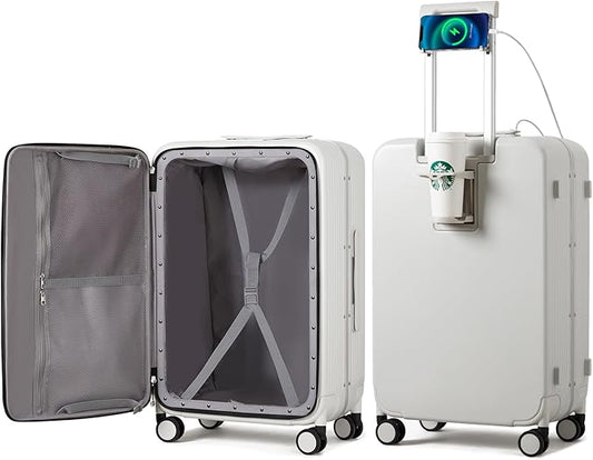 mixi Checked Luggage with Cup Phone Holder and Charger Hard Shell Suitcases with Spinner Wheels, 24 Inch Smoke White