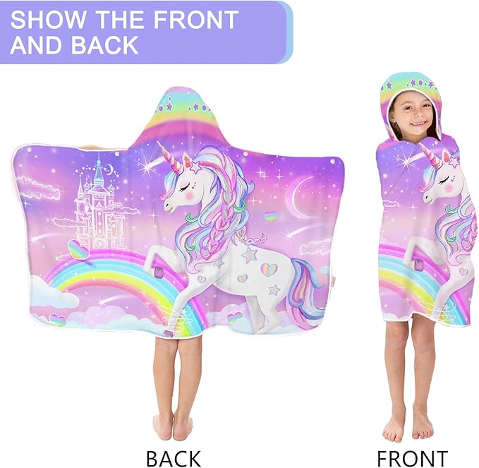 Bonsai Tree Unicorn Beach Towel, Unicorn Towel for Girls with Hood, Rainbow Unicorn Hooded Towel for Kids 30" x 50", Cute Cartoon Microfiber Absorbent Soft Bath Towel Poncho Bathrobe for Swin Pool