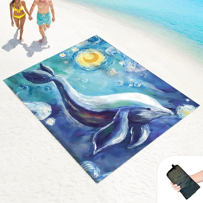 Beach Blanket Sand Proof Waterproof Oversized 100" x 80" Sand Free Mat with Corner Pockets and Mesh Bag for Outdoor, Picnic, Travel, Beach Accessories Portable, Watercolor Dolphin
