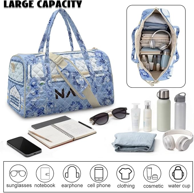 COEQINE Quilted Tote Bag Large Car Travel Suitcase Duffle Bag for Women Large Packable Carry on Weekender Duffel with Trolley Sleeve，Blue Floral