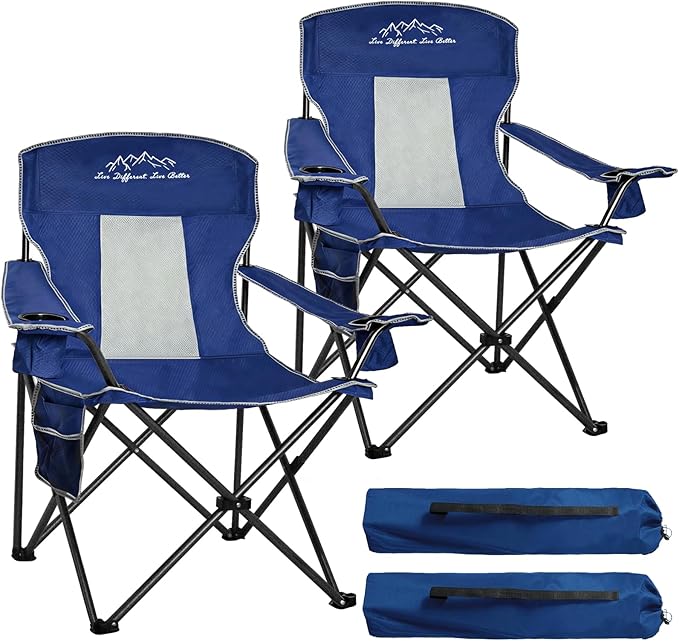 Camping Chairs for Adults Heavy Duty 400lbs Capacity, 2 Pack Folding Chair with Large Anti-Sink Feet & Cup Holder, Extra Wide Portable Outdoor Chair for Camping, Beach, Lawn, Fishing, Blue