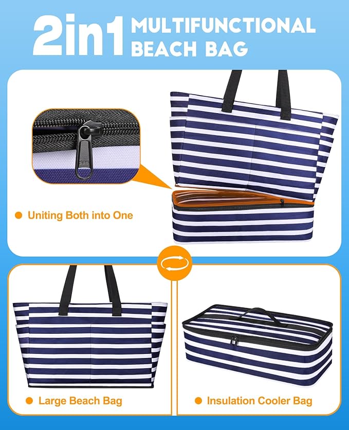 ISEYOU Beach Bag with Cooler, 49L Large Family Beach Tote with Zipper, Waterproof Sandproof Beach Bags for Women and Men, Foldable Lightweight Travel Bag for Pool, Picnic, Gym