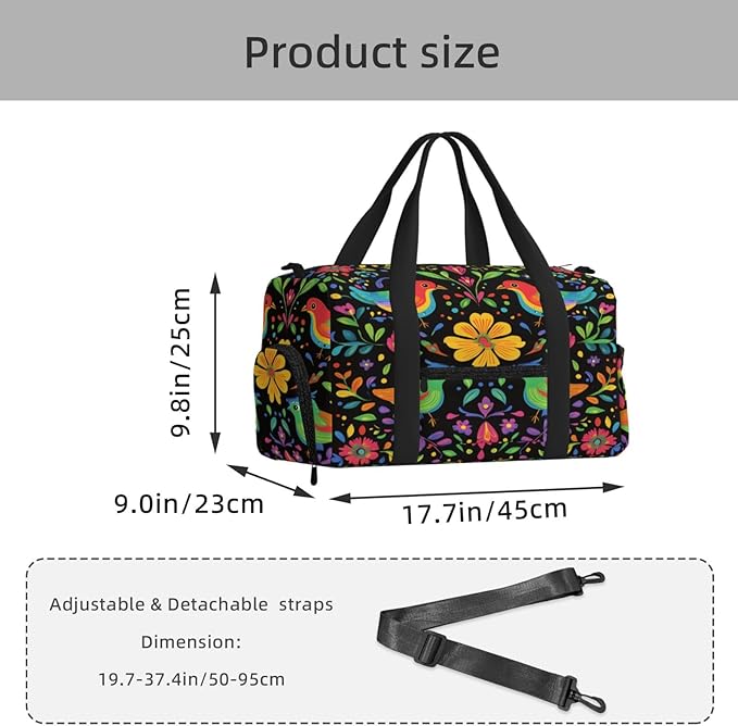 Sports Gym Bag Mexican Colorful Birds Flowers Travel Duffel Bag With Shoe Compartment Shoulder Strap, Lightweight Water-Resistant Weekend Overnight Totes For Women Men