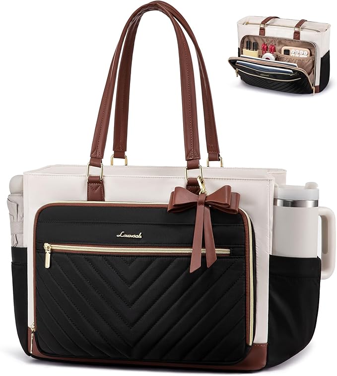 LOVEVOOK 17 Inch Laptop Tote Bag for Women, Teacher Nurse Work Tote Bags with Large Cup Holder & Multi-Pockets for Office Travel College, Computer handbags Quilted Diaper Bag Gifts, Beige-black-brown