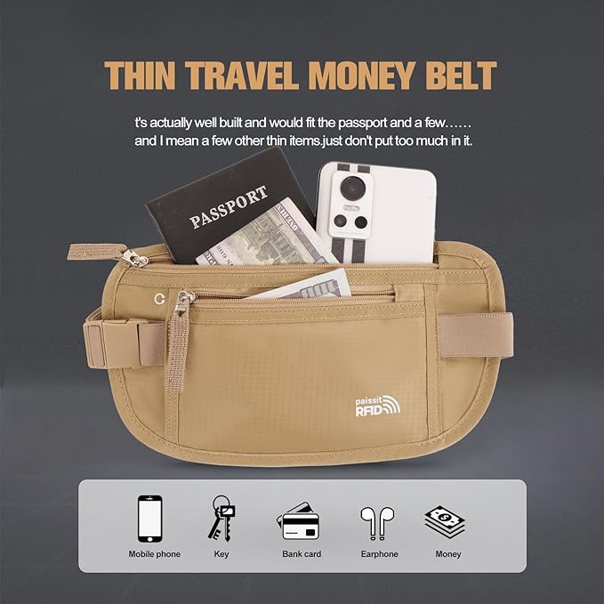 Small Unisex Money Belt For Men and Women, Slim Passport Holder RFID Blocking Travel Essentials Pouch with Adjustable Strap Small Waist Pouch for Workout Running Travelling Hiking(Beige)