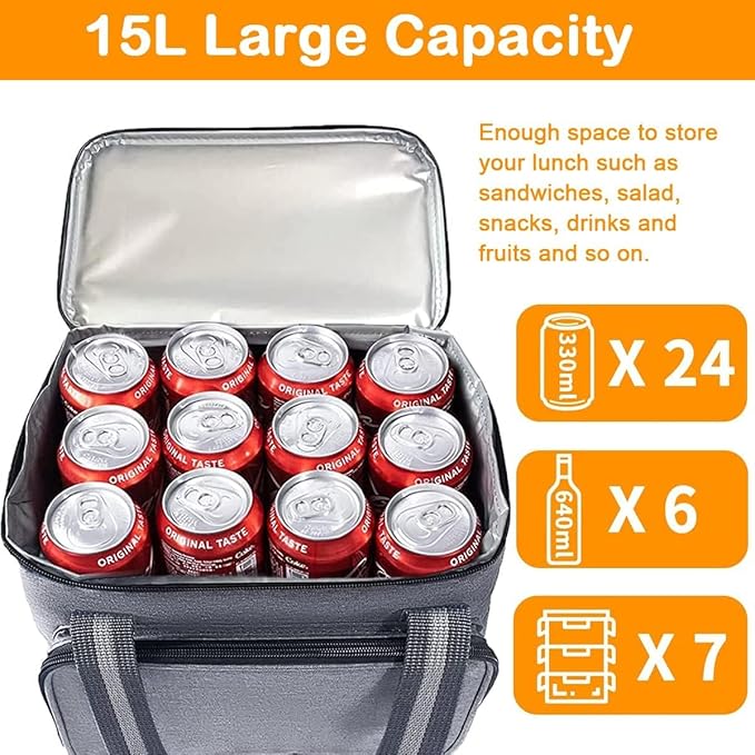 Ozzwolle Insulated Cooler Bag for 24Can (15L) Reusable Thermal Bag Leakproof Freezable Cooler Bag Organizer with Adjustable Shoulder Strap for Women Men Office Work Picnic Hiking Beach