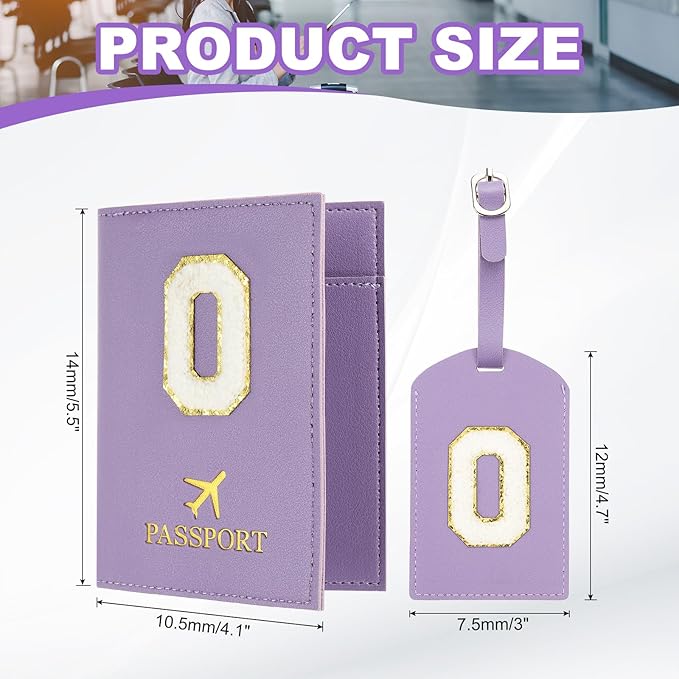 PATIKIL Passport Holder for Travel, Initial Passport Cover and Luggage Tag Set with Alphabet Chenille Letter Patch Travel Wallet Bag Suitcase Identifier for Women Family Travel Purple O