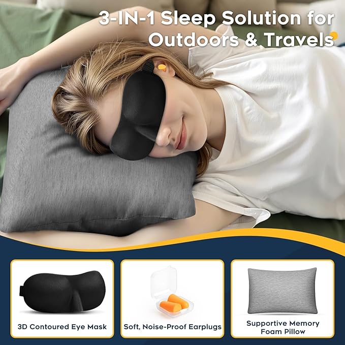 All-in-1 Travel Pillow Set - Shredded Memory Foam Neck Pillow Camping Pillow with Eye Mask, Earplugs, Washable Cover, Compact for Backpacking, Camping, Flights, Car Travel (Large Size)
