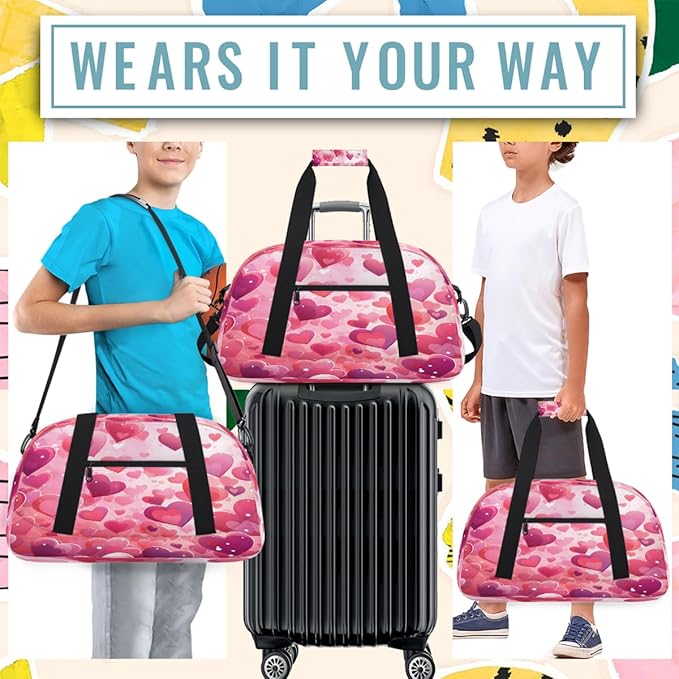 Travel Duffle Bag, Pink Hearts Love Waterproof Weekender Overnight Bags for Women Men Lightweight Carry on Duffle Gym Bag for Travel, Sports, Fitness, Workout
