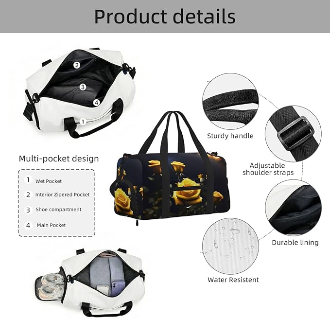 Beautiful yellow roses Print Gym Bag with Shoe Compartment for Women Men, 17.7in Sports Duffle Weekender Tote, Overnight Travel Duffel Bag Carry On