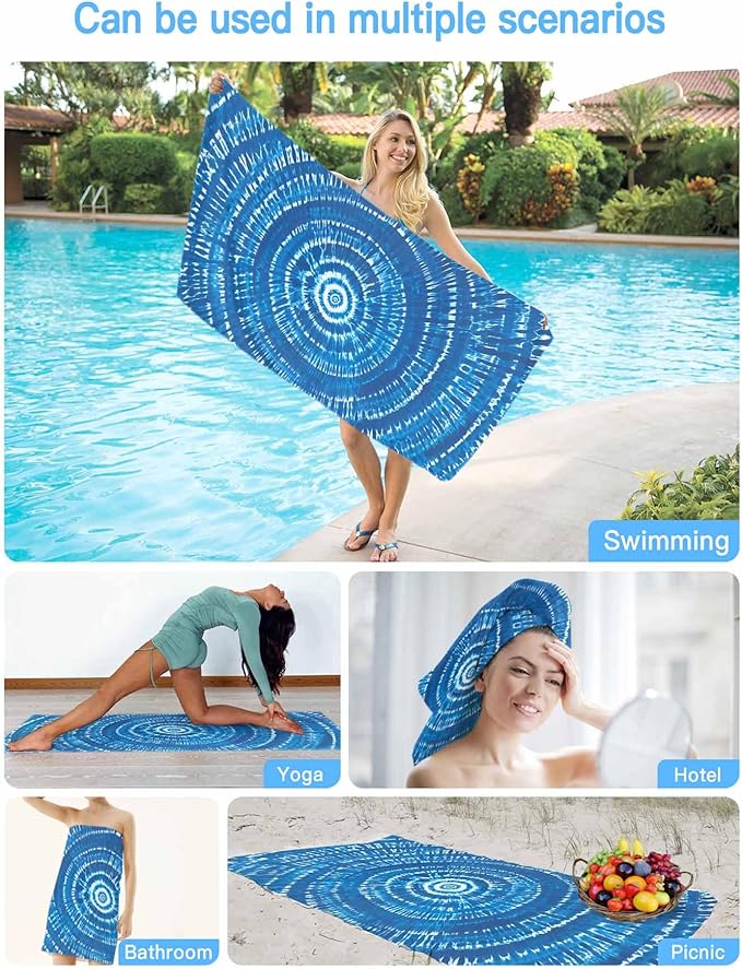 Blue Gradient Beach Towel 35" x 71" Abstract Tie-Dye Art Quick Dry Sand Free Pool Towels Soft & Absorbent Compact Towels Beach Accessories for Travel Bathroom Swimming Pool