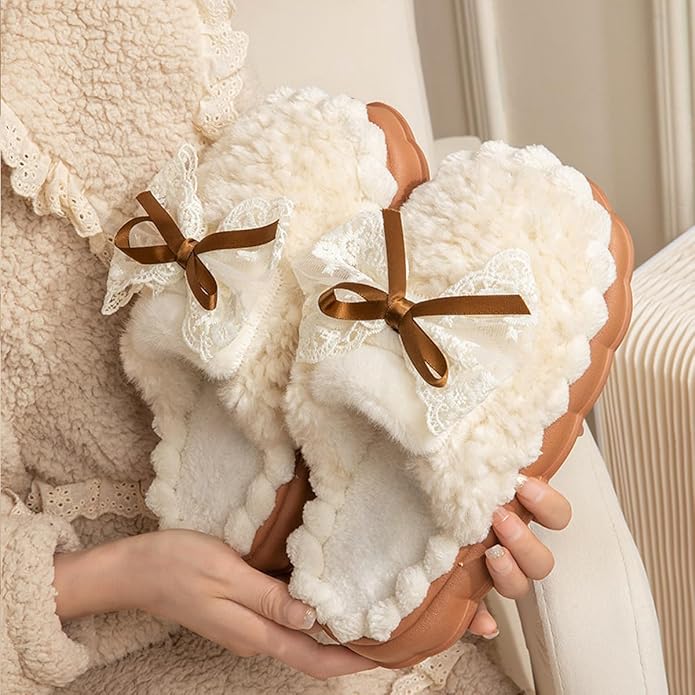Cute Bow Slippers for Women, Womens Fuzzy Fluffy Cozy Indoor Outdoor House Slippers