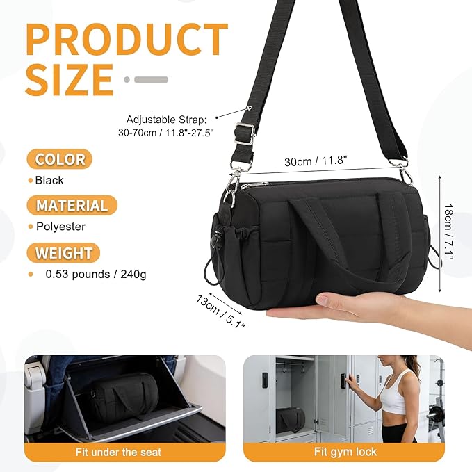 8L Mini Gym Bag for Women, Small Size Sport Duffel Bag for Yoga Dance Swimming, Water-Resistant Compact Workout Bag with Adjustable Strap, Black