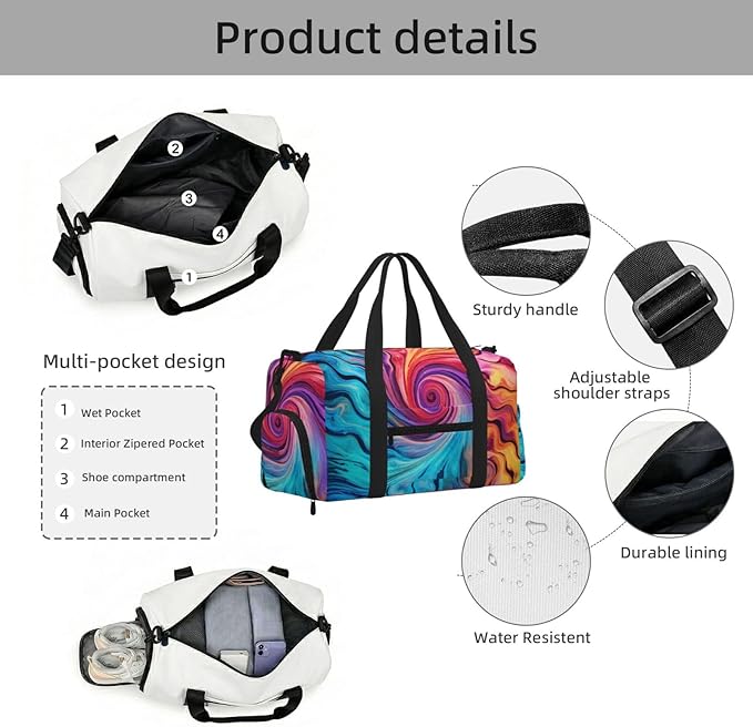 Sports Gym Bag Colorful Tie Dye Swirl Pattern Art Pinting Travel Duffel Bag With Shoe Compartment Shoulder Strap, Lightweight Water-Resistant Weekend Overnight Totes For Women Men