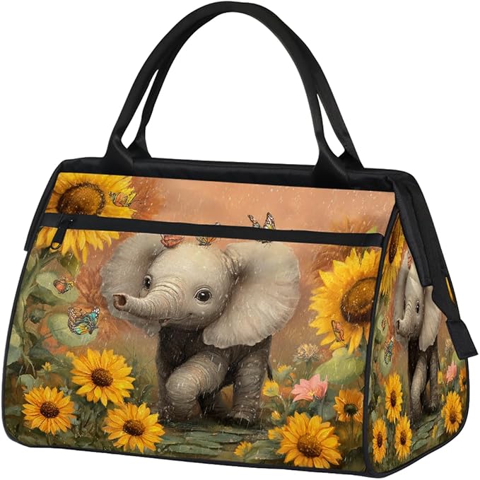 Cute Sunflower Elephant Butterfly Overnight Weekender Bags for Women Men, Waterproof Travel Carry On Duffel Bag, Lightweight Sports Gym Bag for Fitness, Workout, Travel