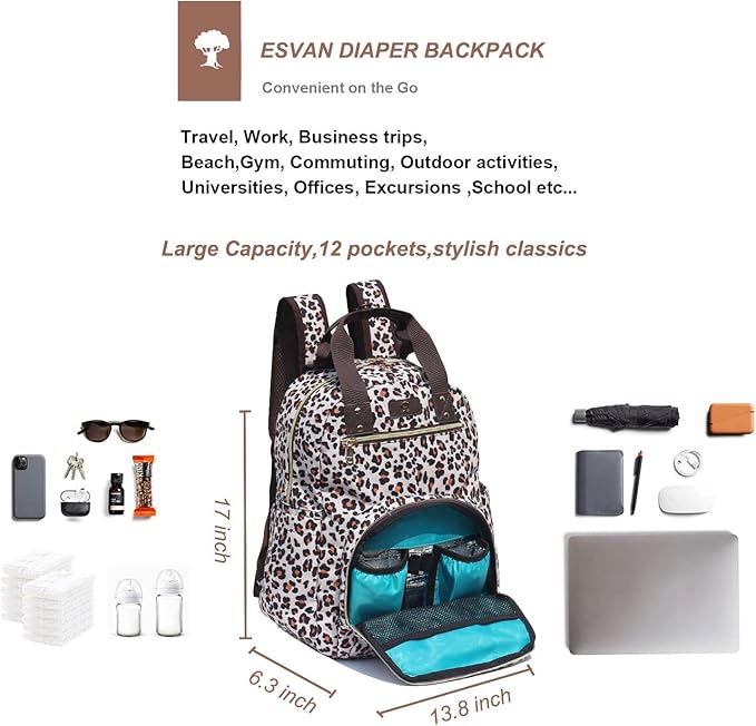 Diaper Bag Backpack, Large Capacity Multifunction Baby Essentials Fashion Travel Pack Linen Canvas office Laptop Bag (Canvas leopard print)