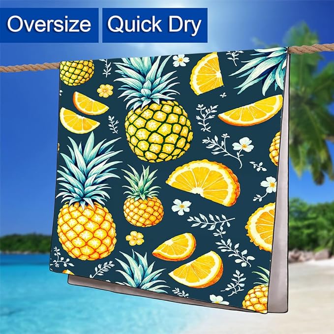 Tropical Pineapple Beach Towel, 36"x72" Sand Free Quick Dry Thin Lightweight Microfiber Fruit Towel for Travel