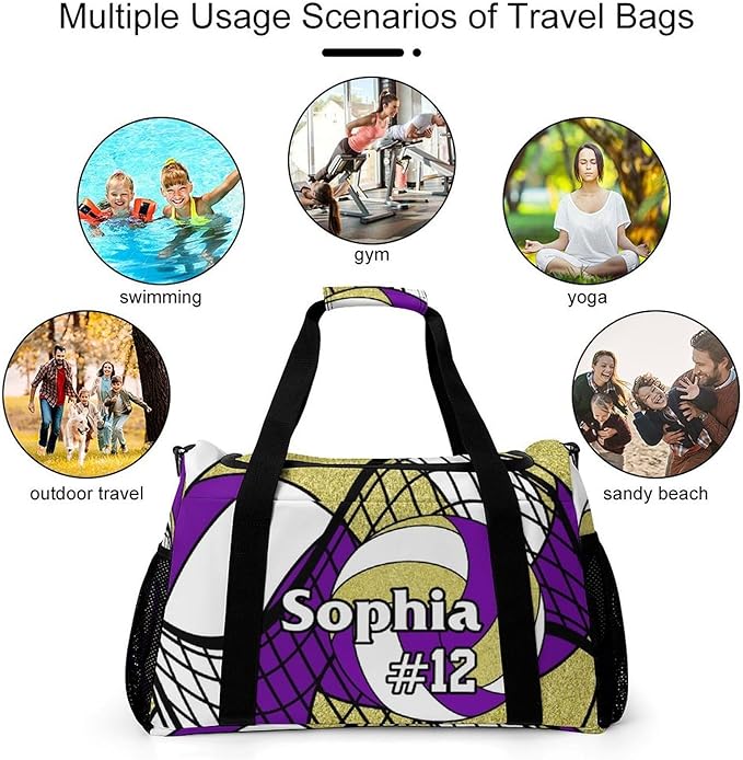 Custom Volleyball Purple Gold Duffel Bag with Name Personalized Travel Bags Sport Gym Bag Carry On Weekender Bags for Men Women