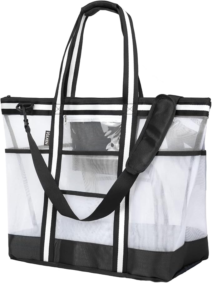 Vulken 42L Extra Large Mesh Beach Bag. 9 Pockets Top Zip Tote Bag Shoulder Bag