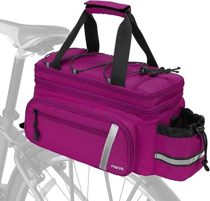 MOSISO Bike Rack Bag with Rain Cover, Bike Trunk Cooler Handag Insulated Bicycle Rear Seat Pouch with 2 Side Foldable Panniers, 8L Cycling Backseat Storage Cargo Saddle Shoulder Bag, Rose Red