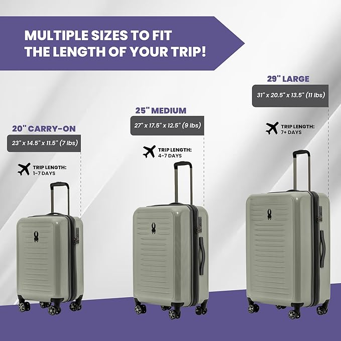 Spyder Rails 3 Piece Luggage Set with 360° Spinner Wheels, TSA Approved Lock (20 Inch Carry-On, 25 Inch Checked, 29 Inch Checked)